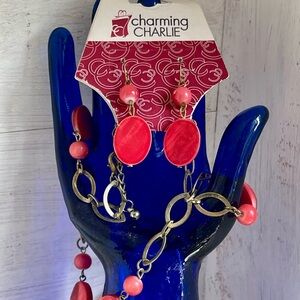 Charming Charlie Red/Pink Coral Bead Necklace and Earring Set